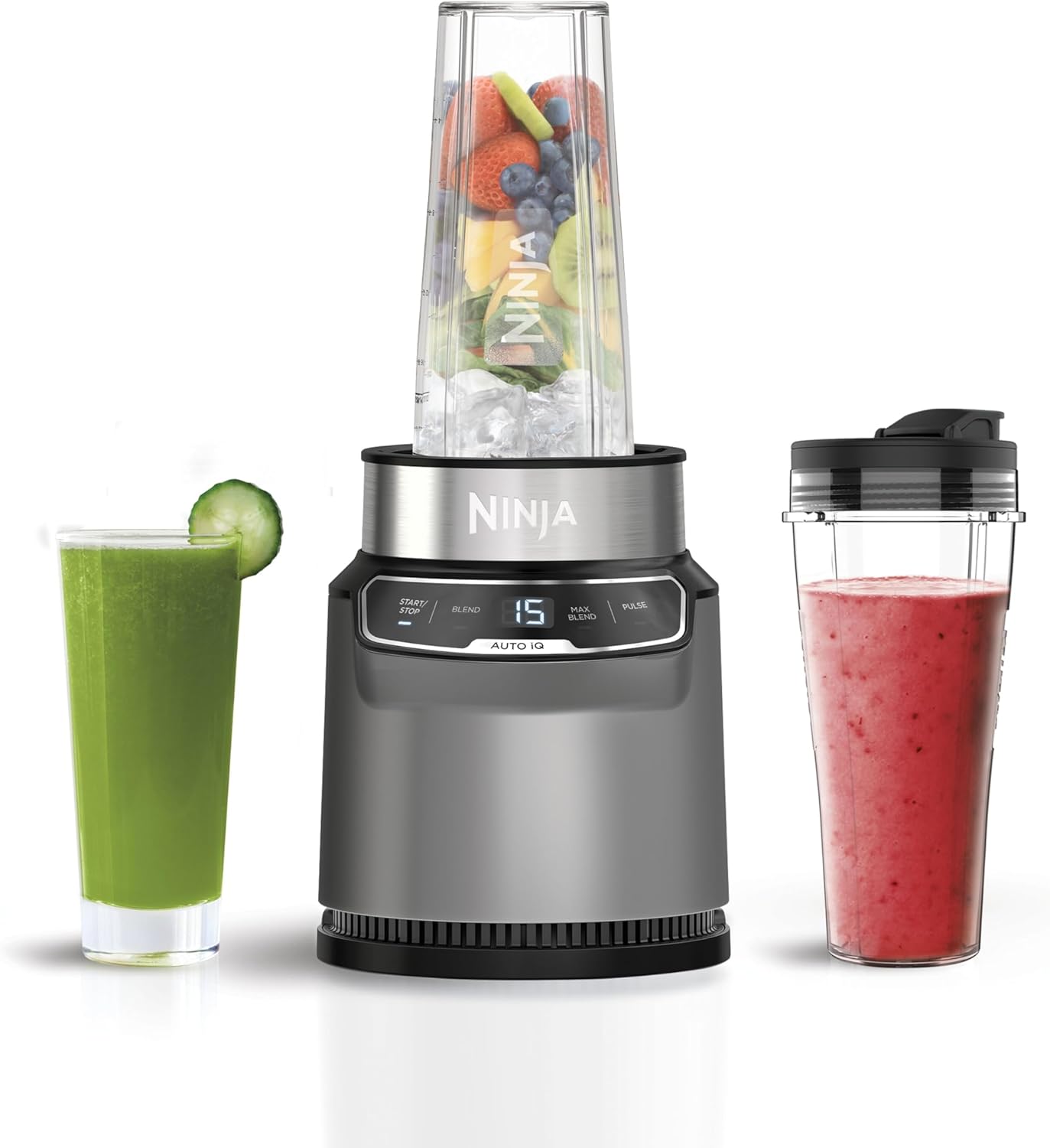 Ninja blender BN500UK with Auto-iQ technology and fresh fruit smoothie on kitchen counter - best smoothie blender UK
