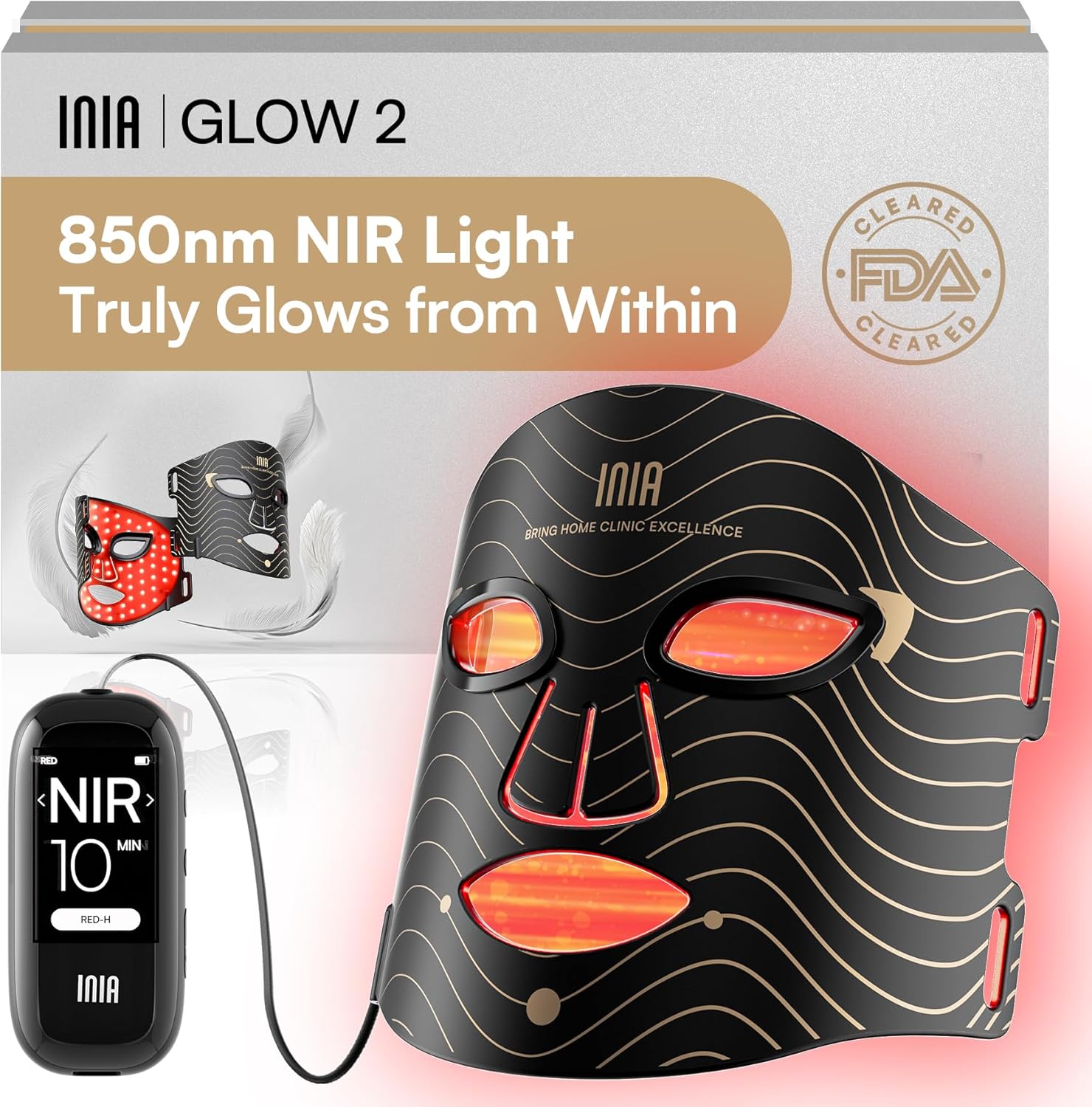 INIA Glow 2 LED Face Mask - affordable red light therapy with clinical wavelengths