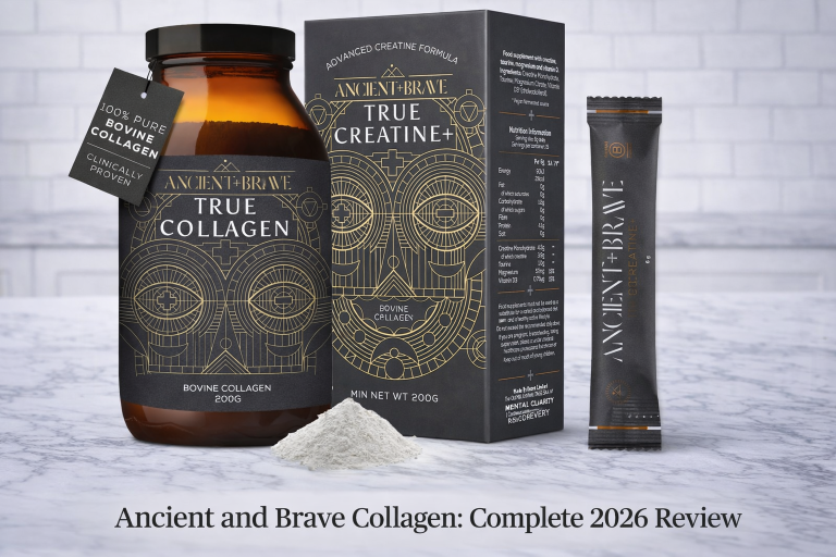 Ancient and Brave True Collagen review - 200g bovine collagen powder jar, box and sachet on marble surface with product details visible