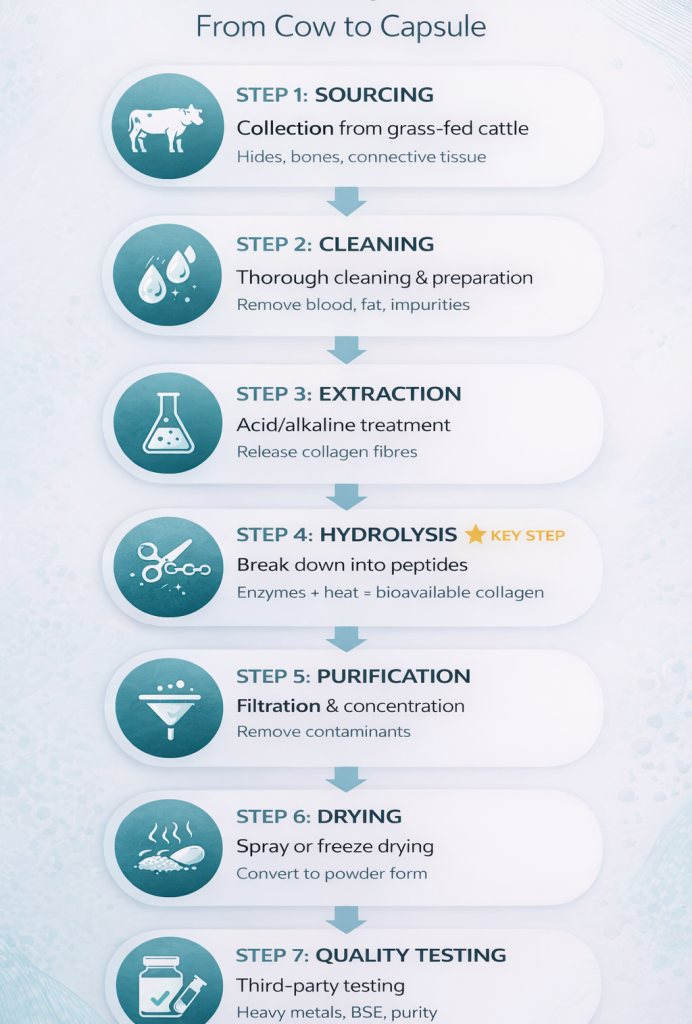 Bovine collagen manufacturing process from sourcing to final product showing 7 production steps