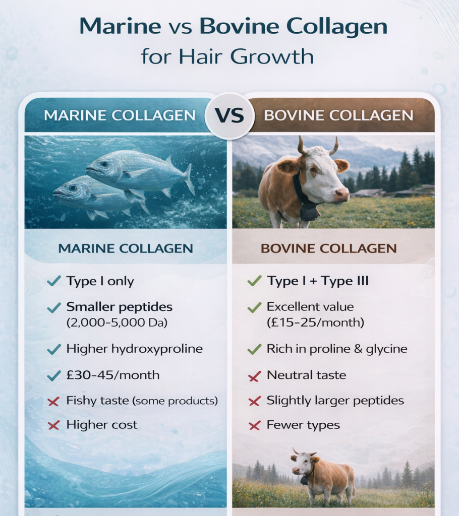 Diagram showing how collagen amino acids (proline, glycine, hydroxyproline) support hair keratin synthesis