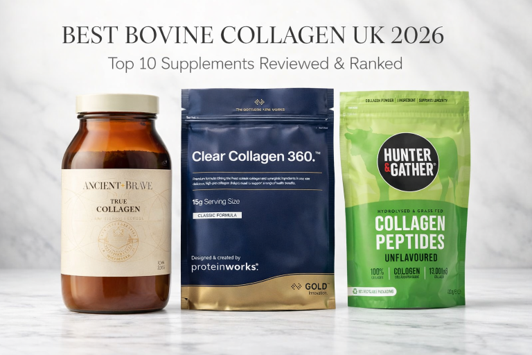 Three best bovine collagen supplements in the UK displayed side by side - Ancient + Brave True Collagen, Protein Works Hydrolysed Bovine Collagen, and Hunter & Gather Grass-Fed Collagen Peptides comparison for 2026 reviews