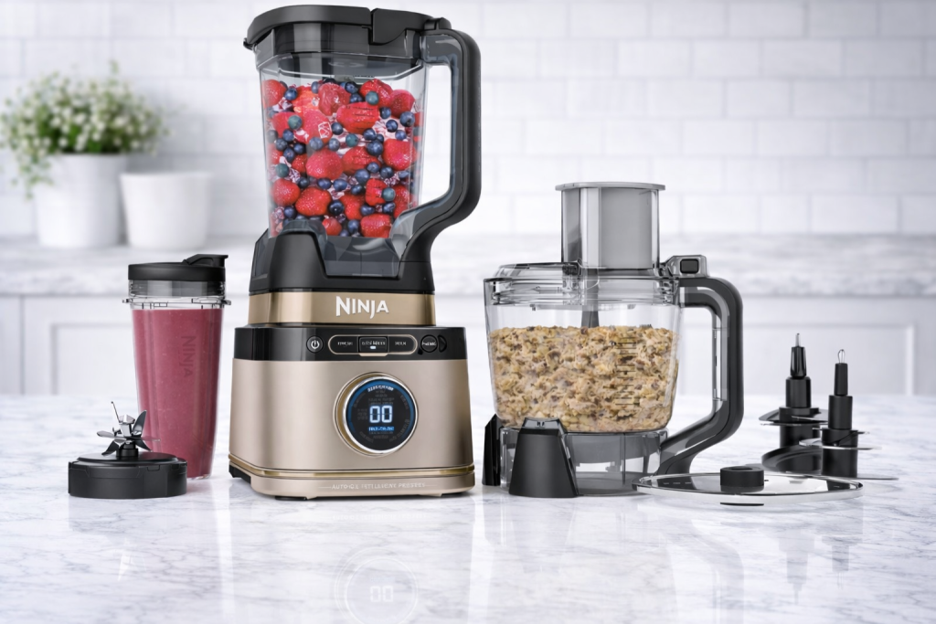 Ninja 3-in-1 Detect Power Blender Processor Pro with jug and single serve cups for protein smoothies