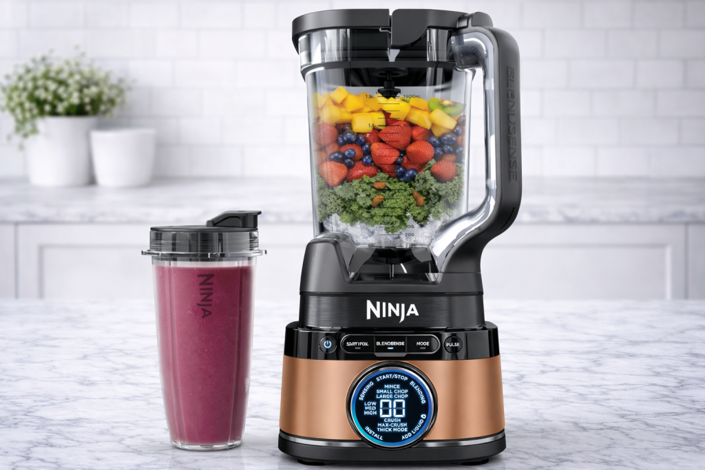 Ninja 2-in-1 Detect Power Blender Pro in black and copper with collagen smoothie and blending cup