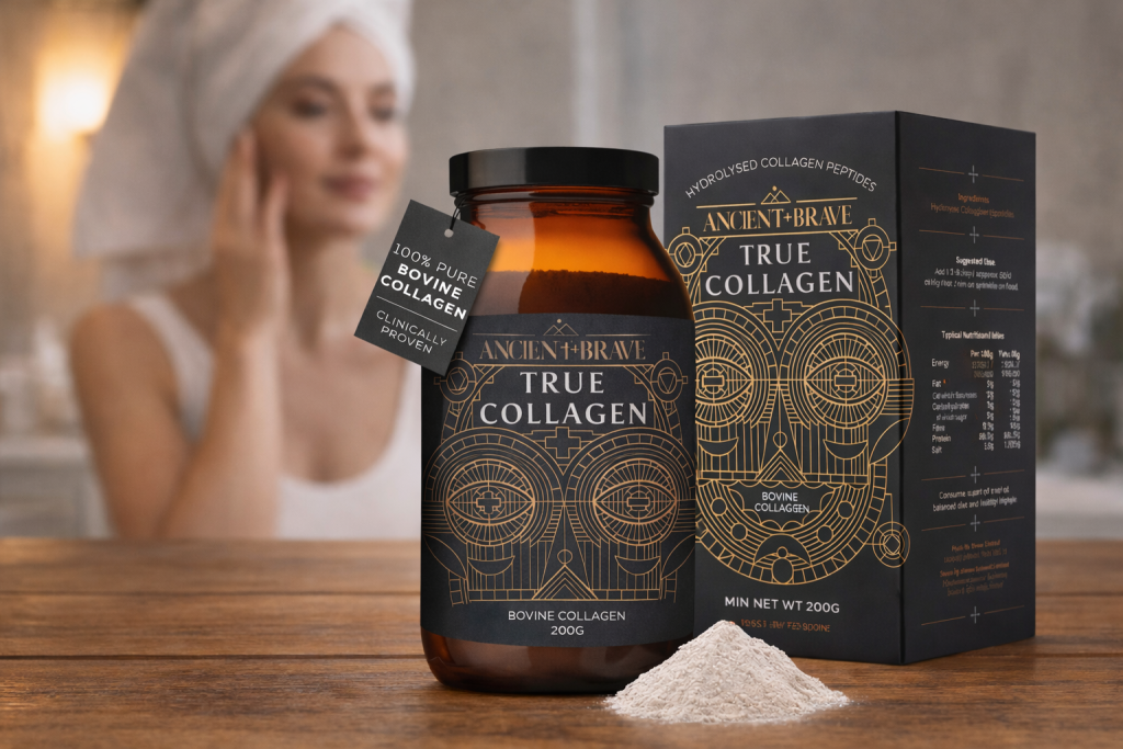 Ancient + Brave True Collagen powder jar and sachet with woman applying skincare in background - best collagen for sagging skin UK