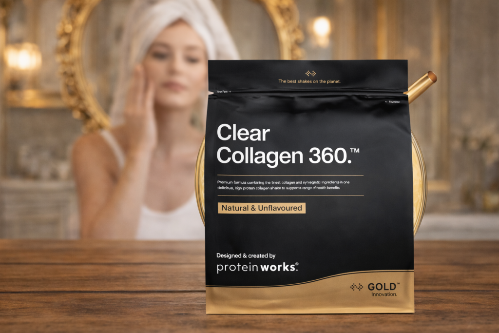 Protein Works Clear Collagen 360 pouch with gold scoop and woman doing skincare routine - best value collagen supplement UK
