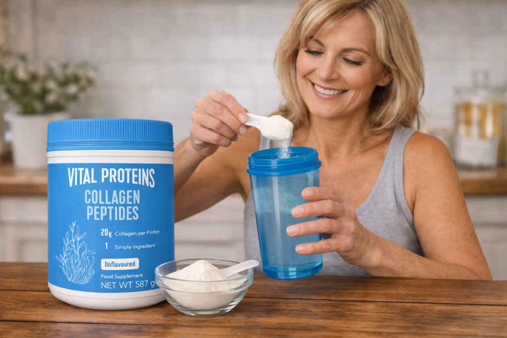 Vital Proteins Collagen Peptides blue tub with woman applying face cream - best high dose collagen supplement UK