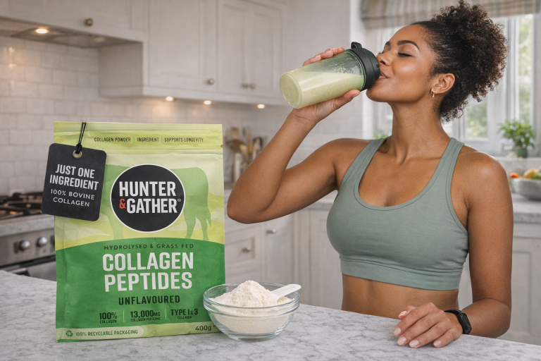 Hunter & Gather Collagen Peptides green pouch with woman with glowing skin - pure grass-fed bovine collagen UK