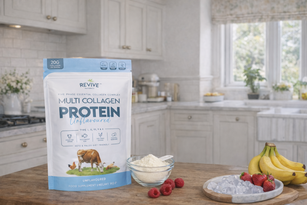 Revive Multi Collagen Protein powder pouch with woman with firm skin - multi-source collagen supplement UK