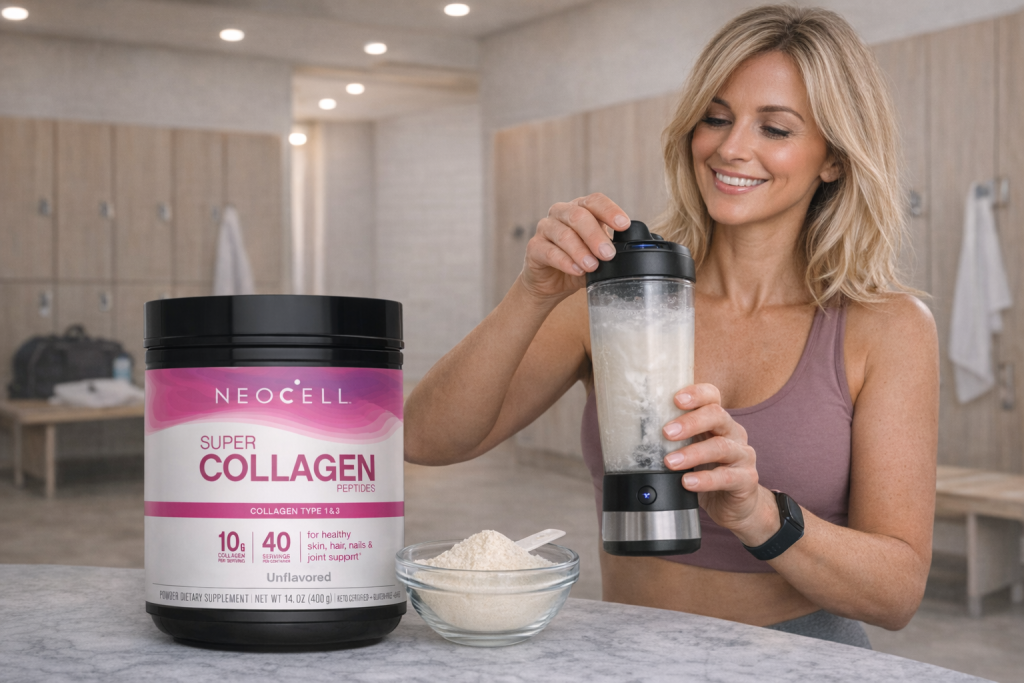NeoCell Super Collagen powder tub with woman with youthful skin - grass-fed bovine collagen for skin elasticity