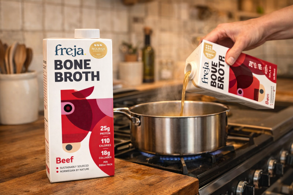Freja beef bone broth pouch - grass-fed British beef bone broth, high collagen content