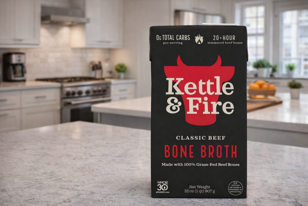 Kettle & Fire classic beef bone broth carton - organic free-range bone broth, 20g protein per serving