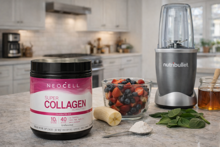 NeoCell Super Collagen powder tub on kitchen worksurface with smoothie maker and fresh ingredients - affordable bovine collagen supplement UK