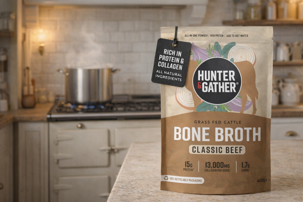 Hunter & Gather bone broth powder pouch - grass-fed beef bone broth UK, best overall bone broth