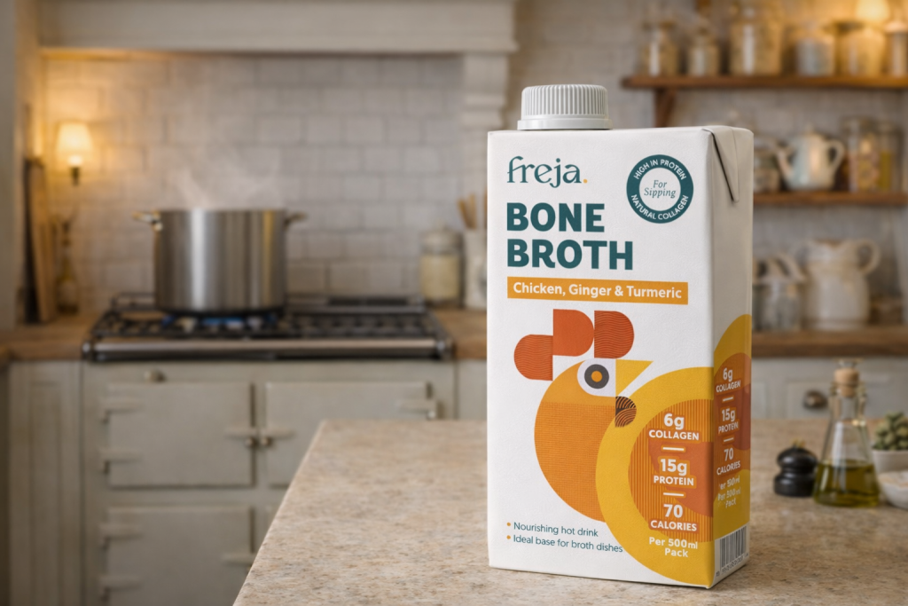Freja chicken bone broth pouch - UK's best-selling liquid bone broth, free-range British chicken