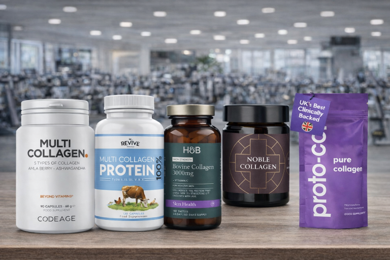 Proto-col Pure Collagen capsules and Ancient + Brave Noble Collagen bottles on bathroom counter with woman applying skincare in background