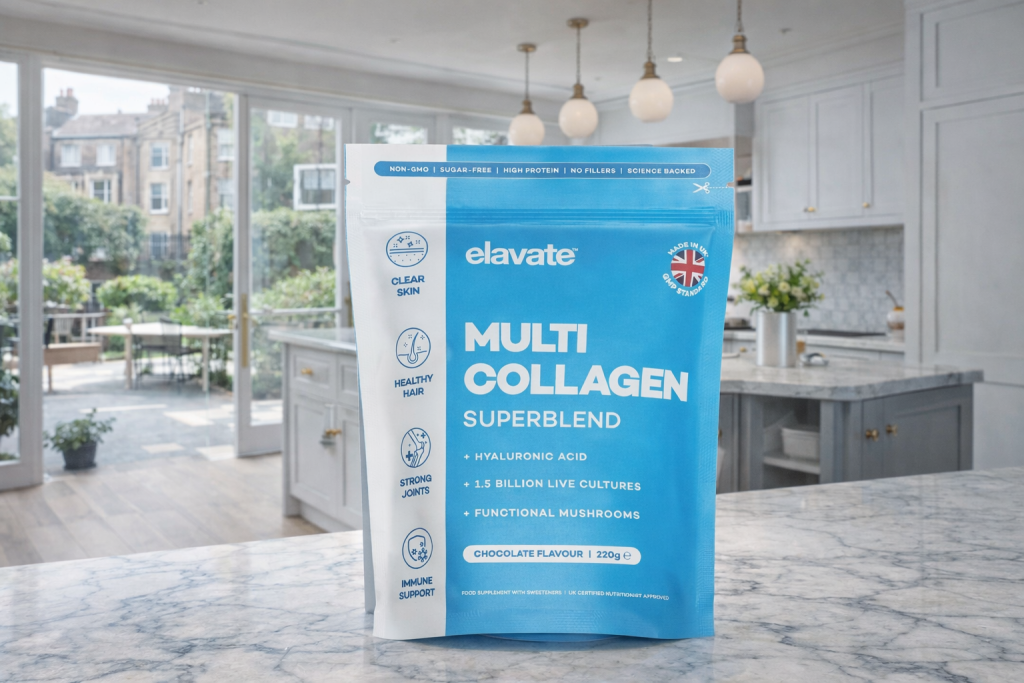 Elavate Multi Collagen Superblend powder in chocolate flavour