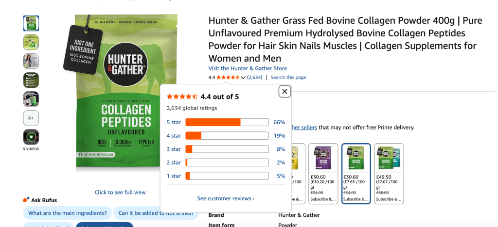 Hunter and Gather Bovine collagen reviews on Amazon