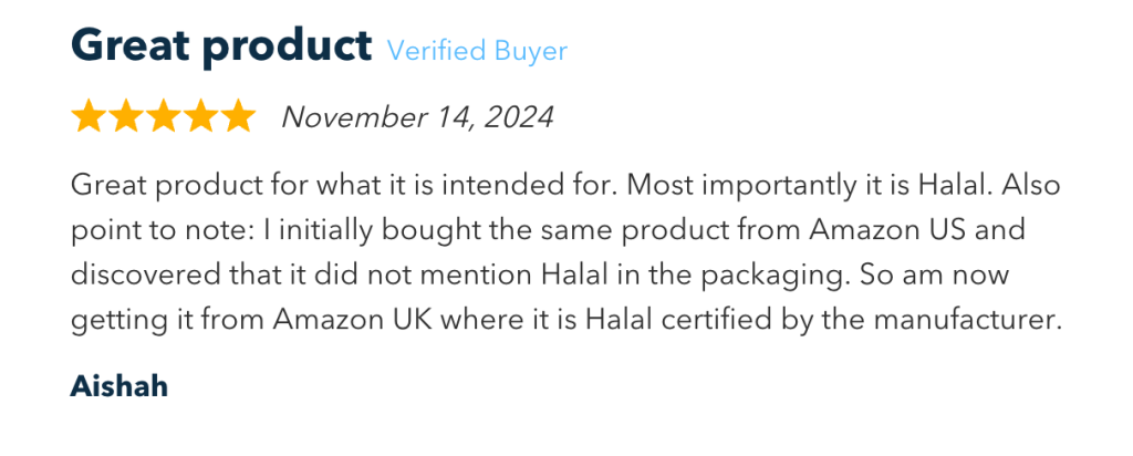 Revive Naturals collagen halal certified customer review - verified buyer confirms UK version is halal certified by manufacturer