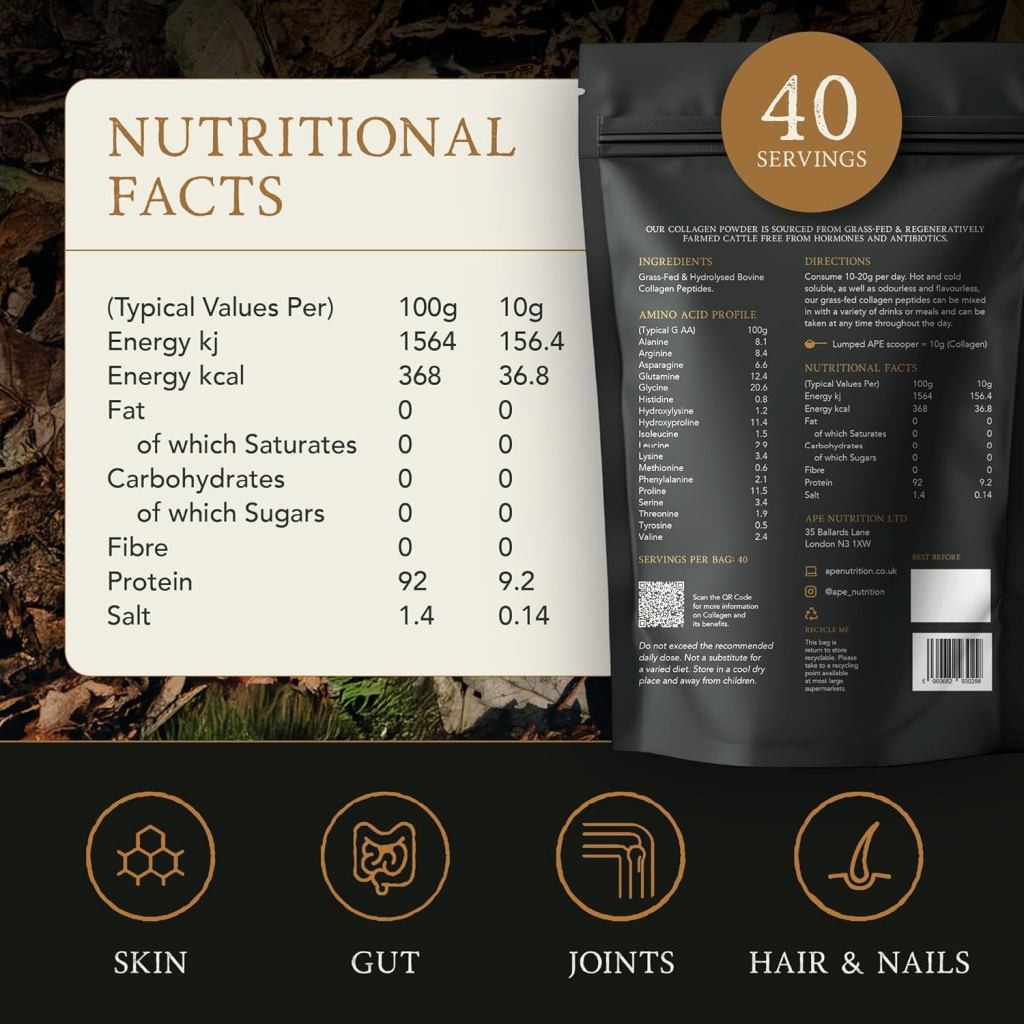 APE Nutrition Collagen Powder nutritional facts - 92g protein per 100g, zero carbs, 40 servings per bag, grass-fed bovine collagen peptides