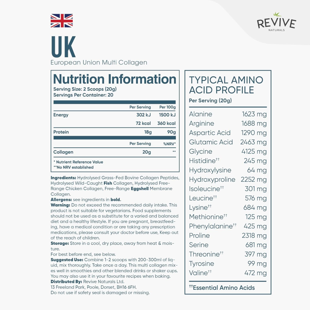 Revive Naturals Multi Collagen Protein nutritional information - ingredients amino acid profile and collagen types per serving