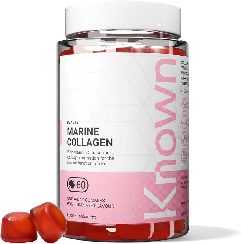 Professional product photography of Known Collagen Gummies featuring premium Naticol marine collagen peptides in strawberry flavour