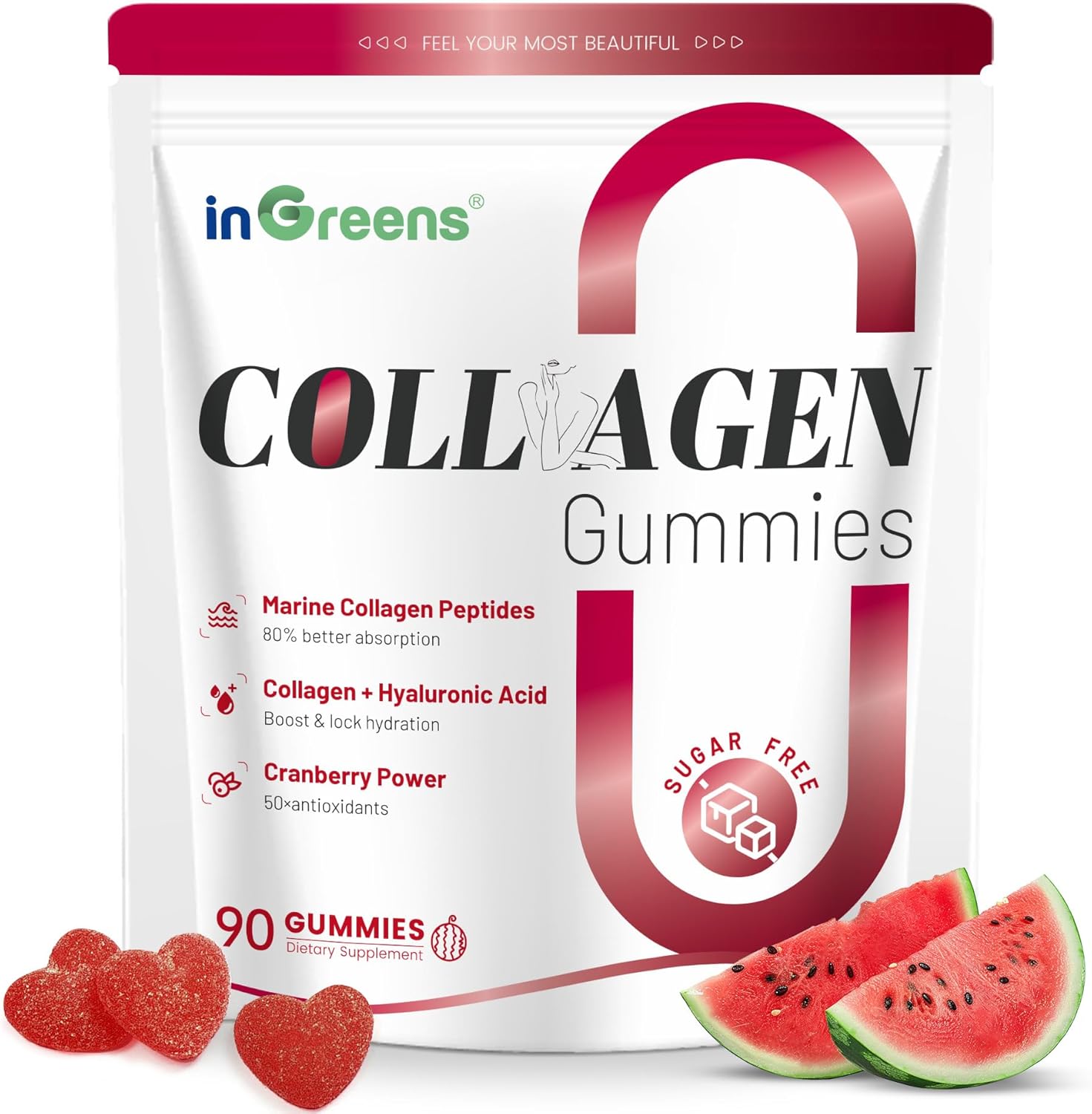 InGreens 5000mg hydrolyzed marine collagen gummies showing Type I, II and III peptides with watermelon flavour