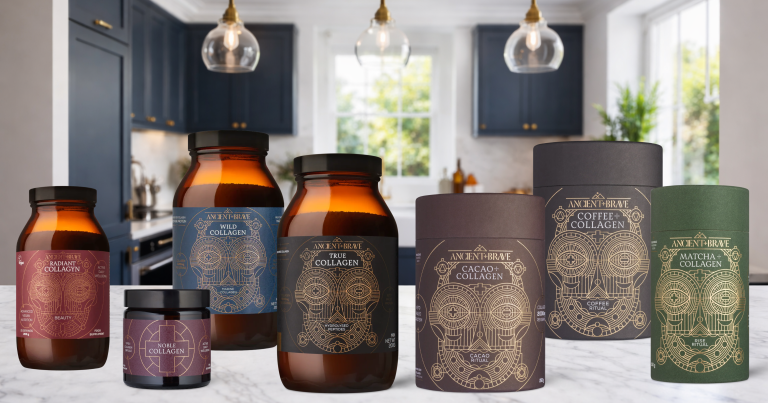 Ancient and Brave collagen range including True Collagen, Wild Collagen, Noble Collagen, Radiant Collagyn, Coffee, Cacao, and Matcha blends