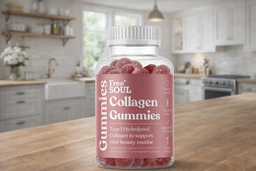 Free Soul high strength marine collagen gummies bottle with Type I hydrolysed peptides and strawberry flavour