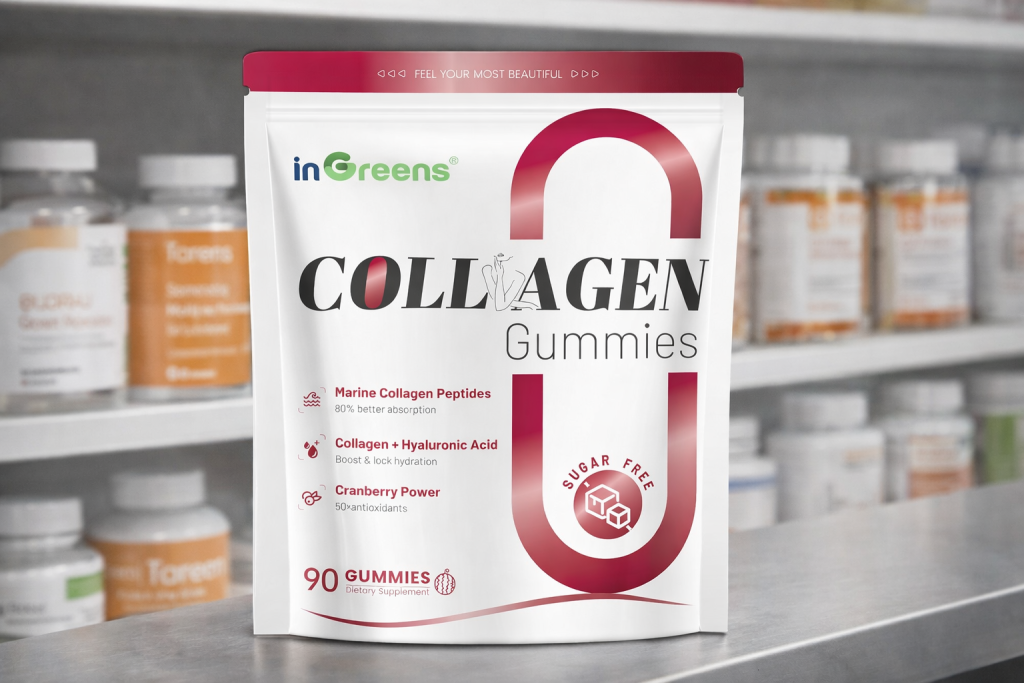 InGreens 5000mg hydrolyzed marine collagen gummies showing Type I, II and III peptides with watermelon flavour