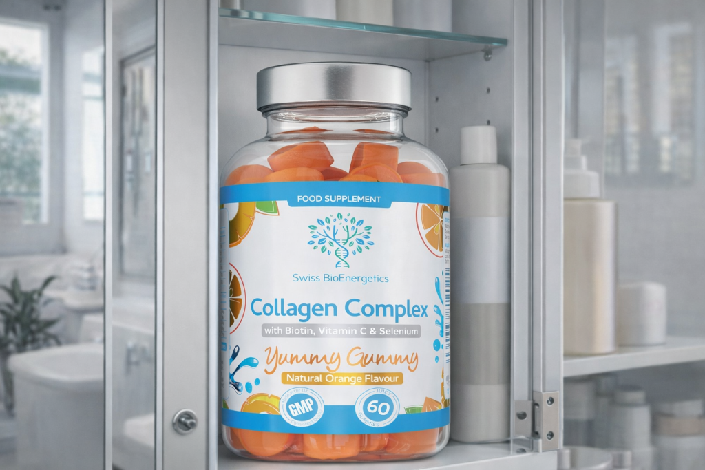 Swiss BioEnergetics Collagen Complex orange gummies jar with 500mg bovine collagen, biotin, vitamin C and selenium