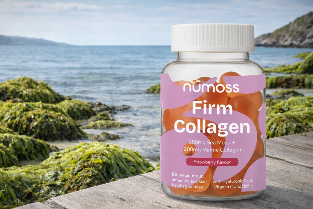 NuMoss collagen gummies jar showing 200mg marine collagen with 150mg Irish sea moss, hyaluronic acid and biotin