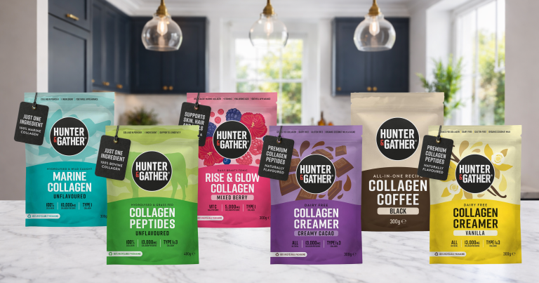 Hunter and Gather collagen range including Bovine Collagen Powder, Marine Collagen, Vanilla Creamer, Cacao Creamer, Collagen Coffee, and Rise and Glow Mixed Berry