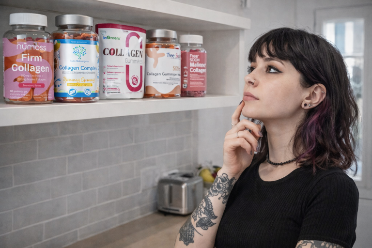 Assorted collagen gummies in pink and orange colours displayed on marble surface with collagen supplement jar
