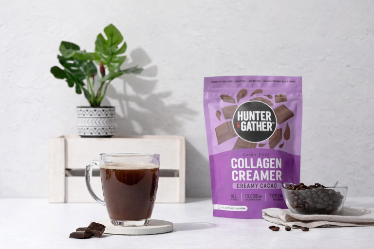 Hunter and Gather Cacao Collagen Creamer 300g pouch, dairy-free creamer with organic cacao and bovine collagen