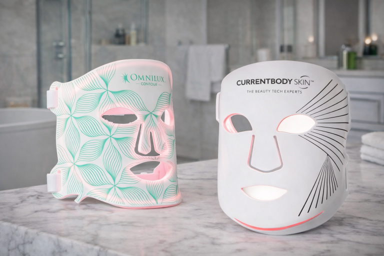 Omnilux Contour Face and CurrentBody Series 2 LED masks side by side