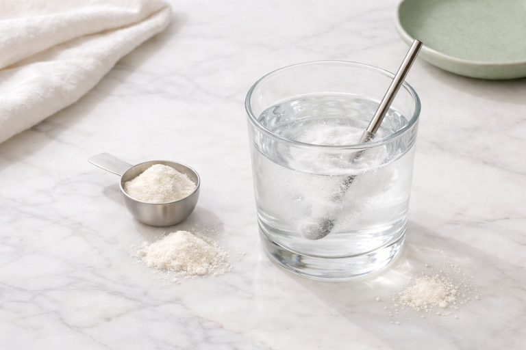 Bovine collagen peptide powder being stirred into a glass of water on a white marble surface