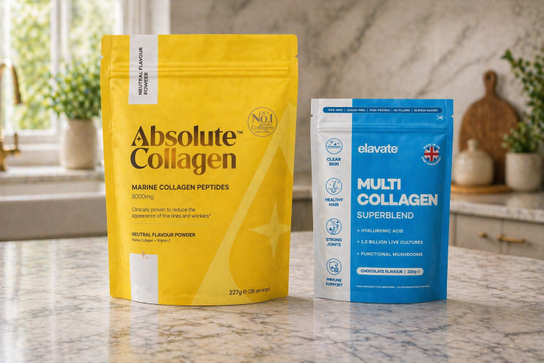 Absolute Collagen vs Elavate Collagen comparison - marine collagen liquid sachets versus multi-collagen powder
