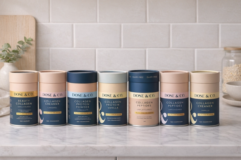 Dose and Co collagen product range lineup showing all 8 products with prices