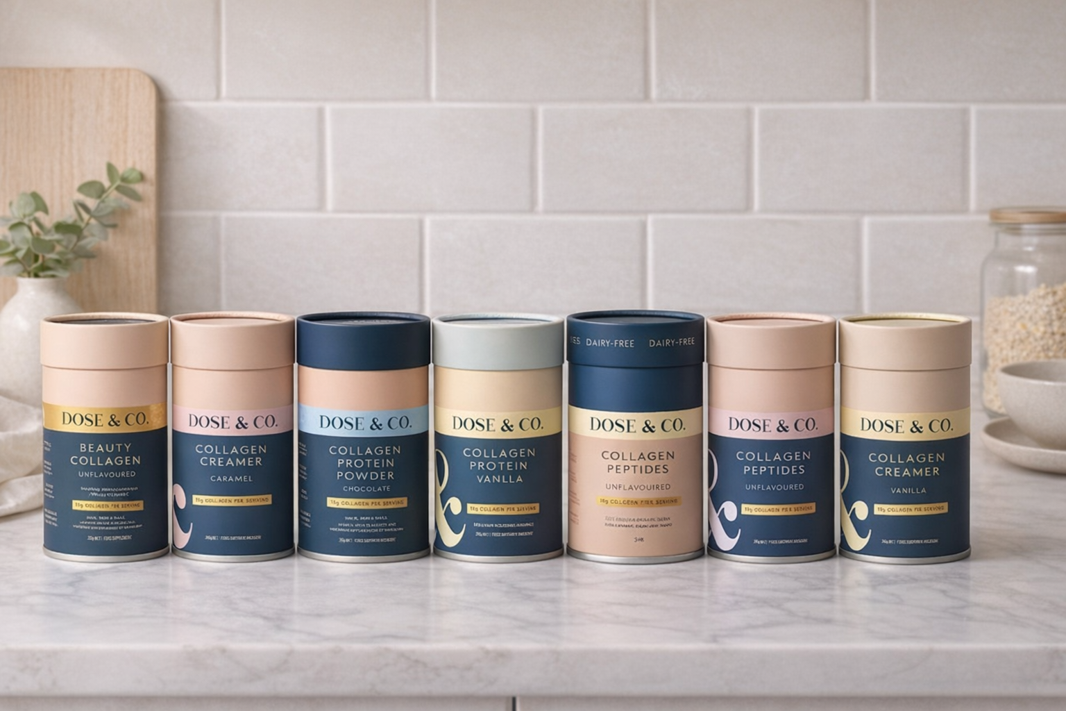 Dose and Co collagen product range lineup showing all 8 products with prices