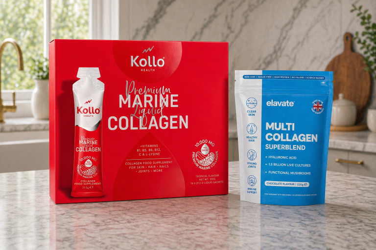 Kollo vs Elavate collagen comparison - Kollo marine collagen liquid sachets versus Elavate multi-collagen powder