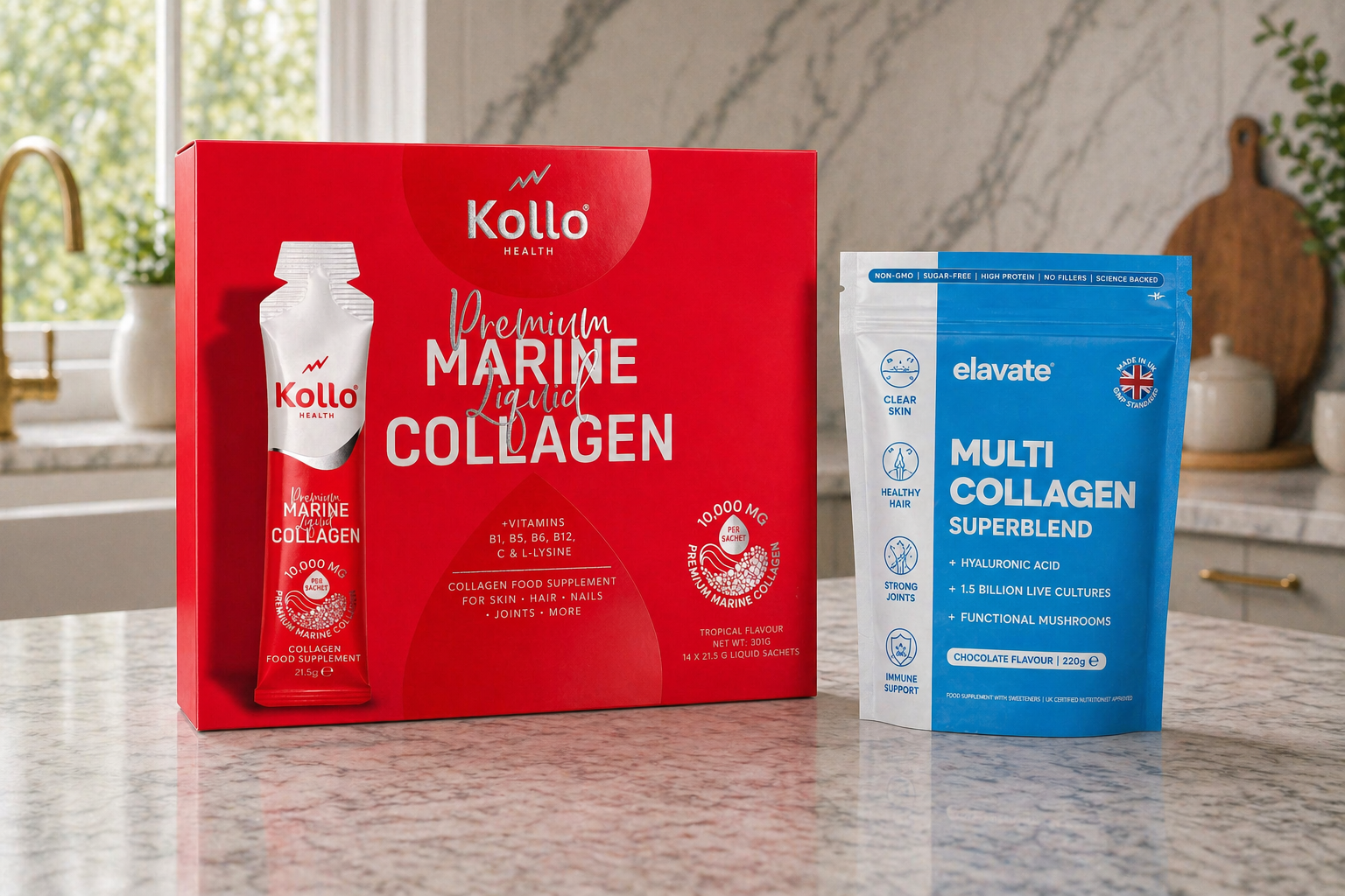 Kollo vs Elavate collagen comparison - Kollo marine collagen liquid sachets versus Elavate multi-collagen powder